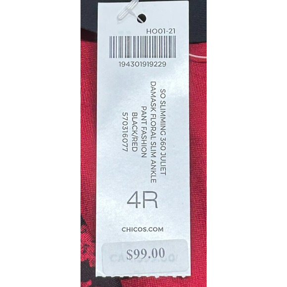 Chicos Pants 20-4 Red Black Floral Actual 40X28 Flex Waistband Slim Ankle NWT - Picture 7 of 9